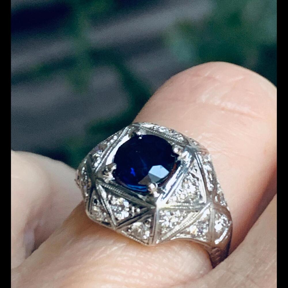 Sapphire Ring Platinum Old Cut Diamond Edwardian Engagement Ring Platinum 1910s - Picture 7 of 9